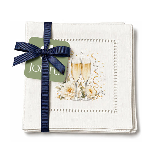 New Year Champagne Glasses Hemstitch Napkins