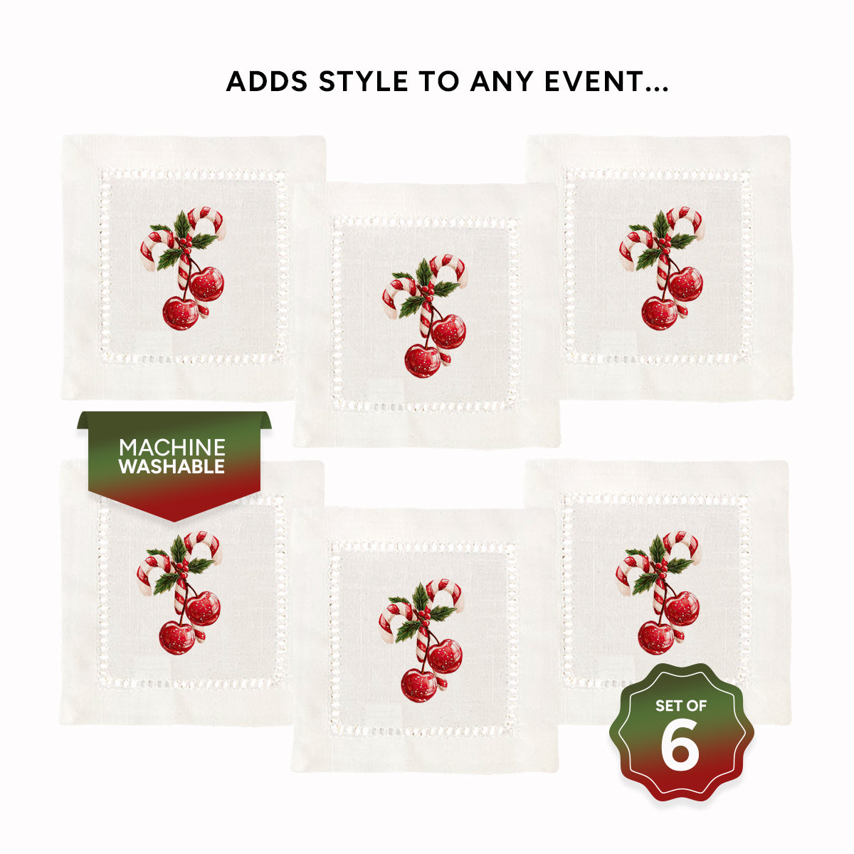 Cherry Candy Cane Hemstitch Napkins