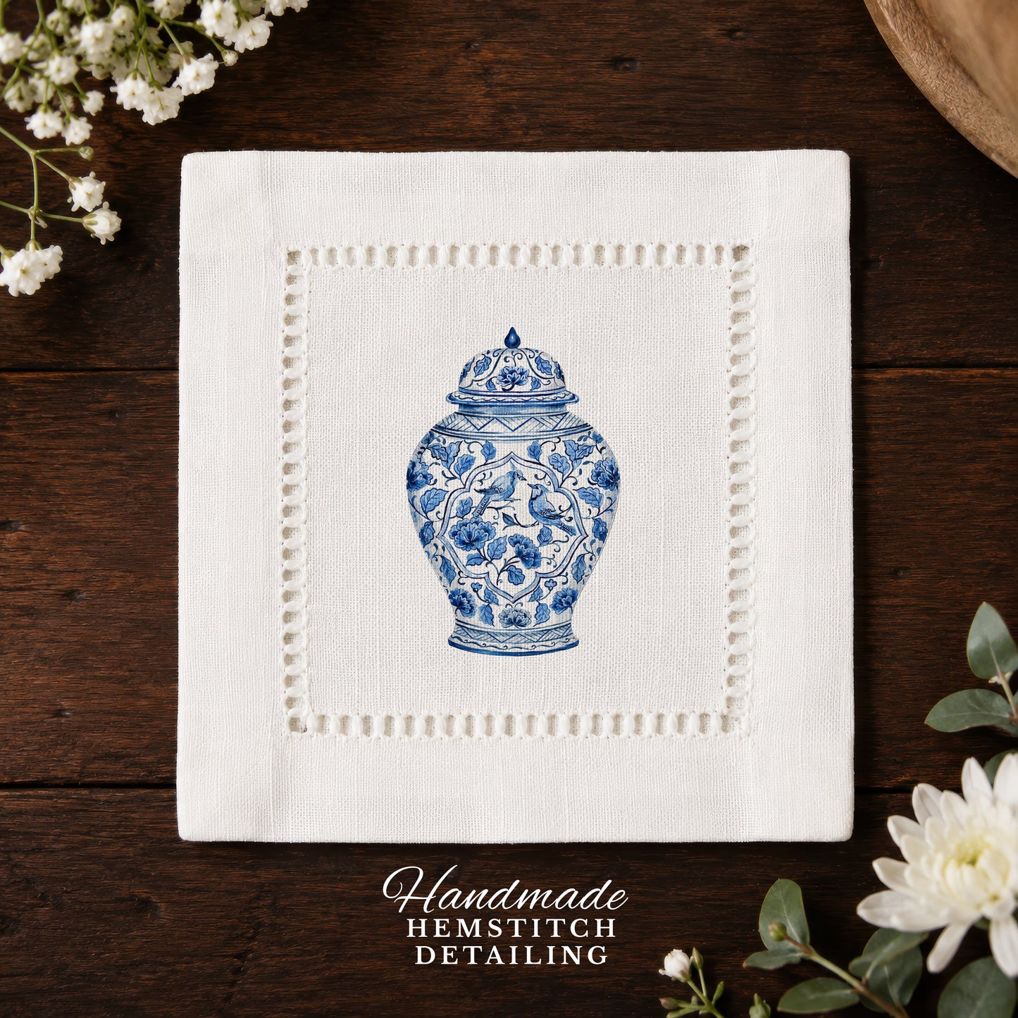Chinoiserie Birds Hemstitch Napkins