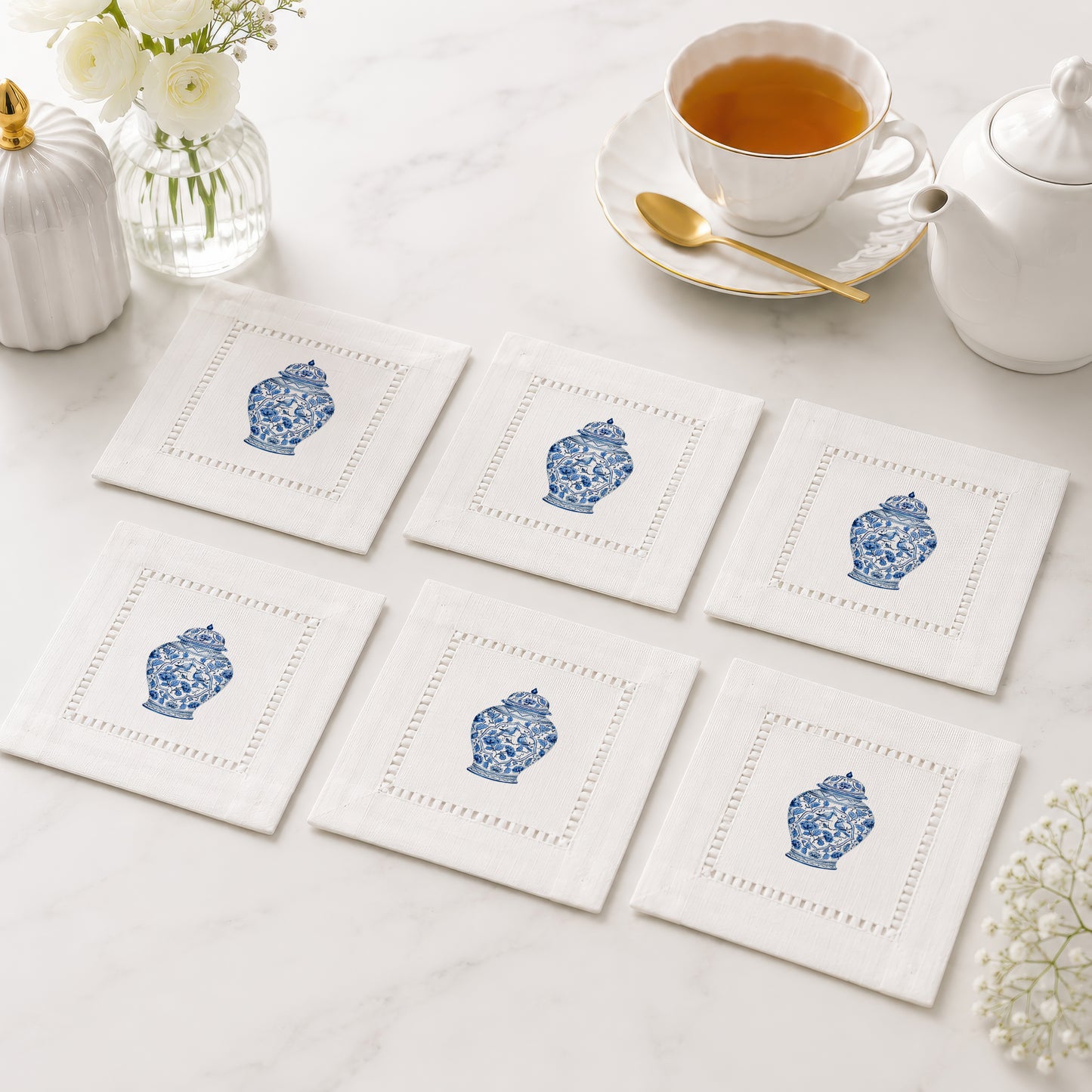 Chinoiserie Birds Hemstitch Napkins