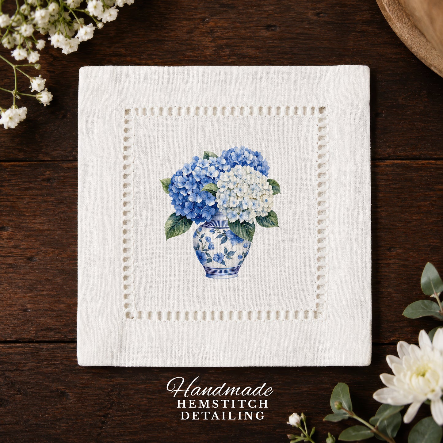 Chinoiserie Hydrangea Hemstitch Napkins