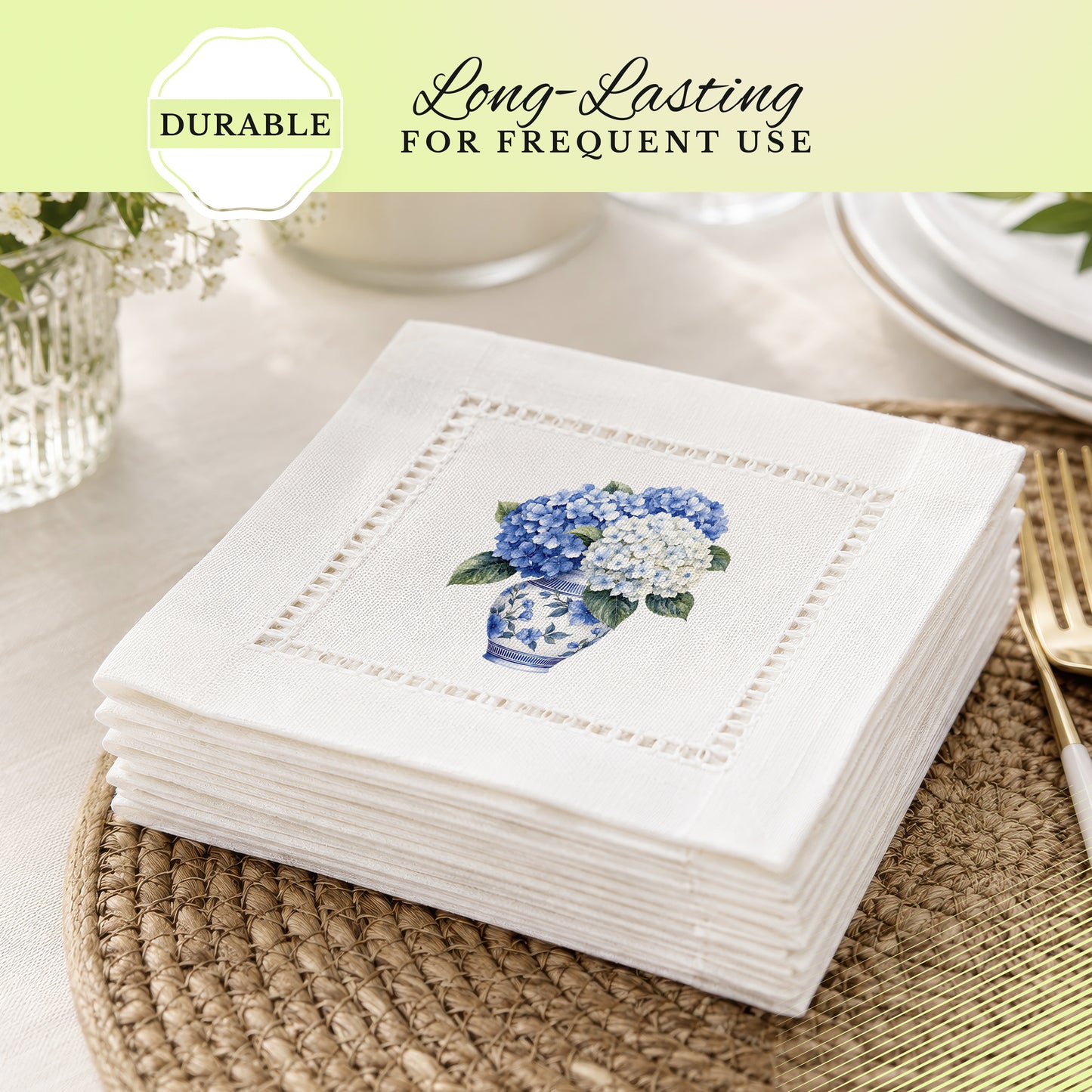 Chinoiserie Hydrangea Hemstitch Napkins