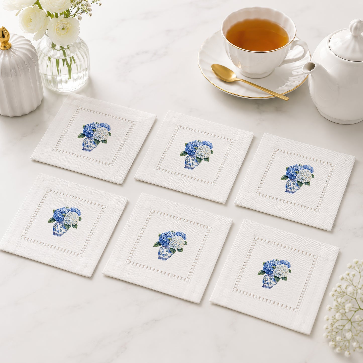 Chinoiserie Hydrangea Hemstitch Napkins