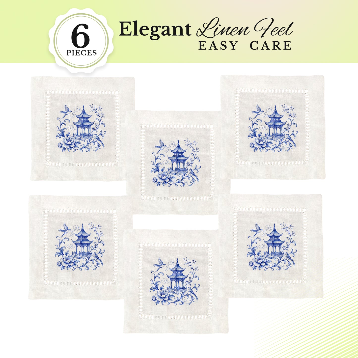 Chinoiserie Pagoda Birds Hemstitch Napkins