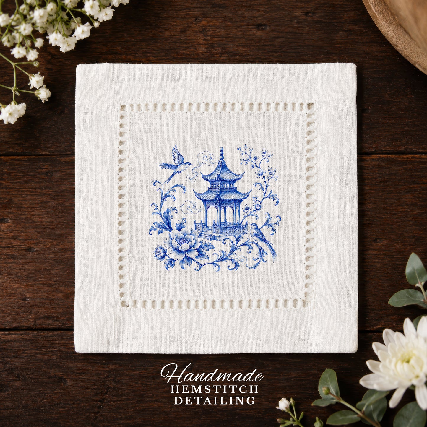 Chinoiserie Pagoda Birds Hemstitch Napkins