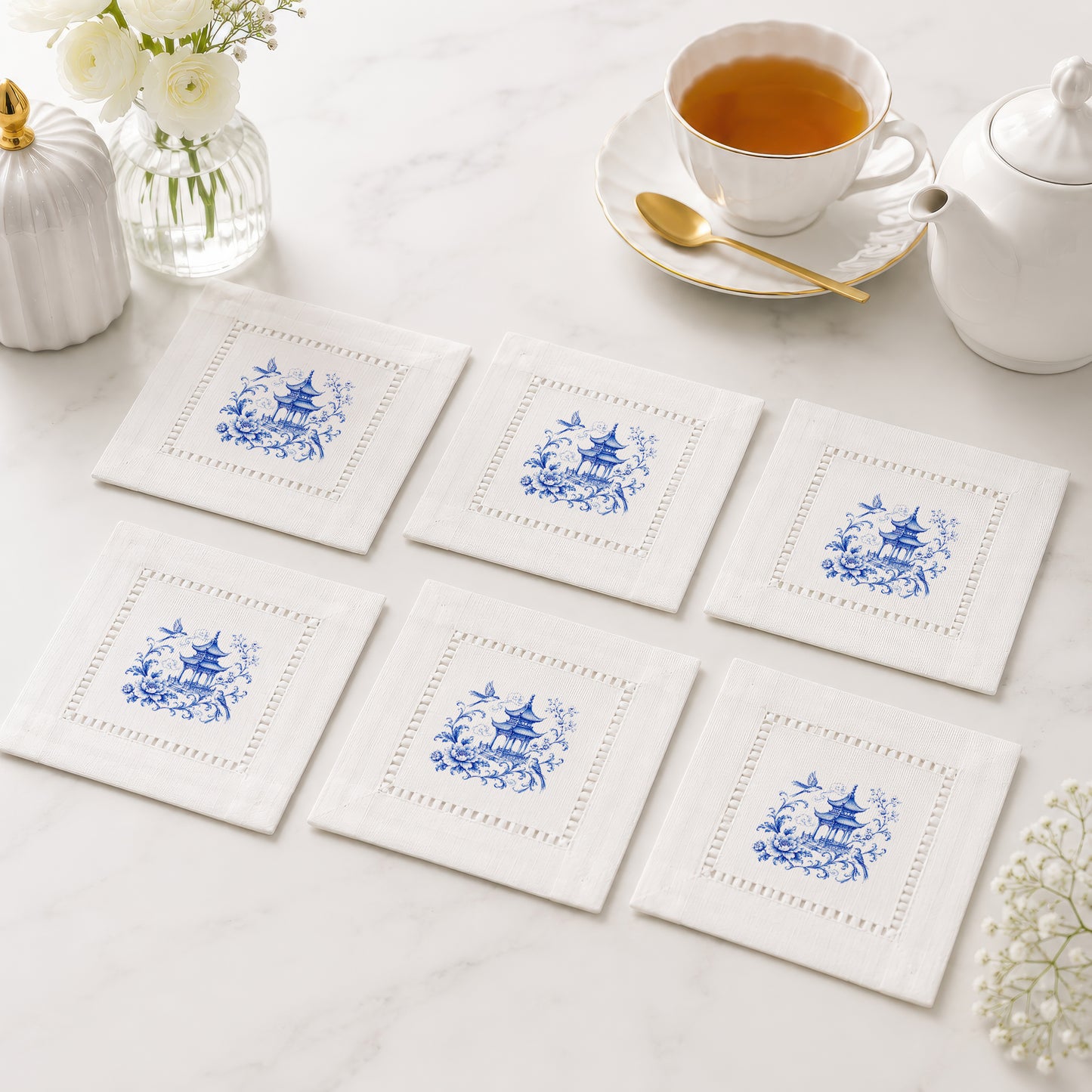 Chinoiserie Pagoda Birds Hemstitch Napkins