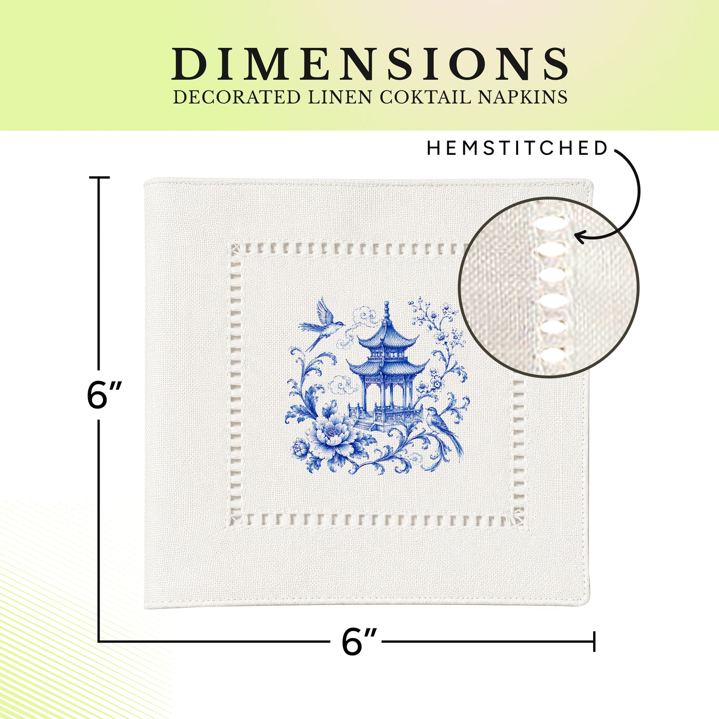 Chinoiserie Pagoda Birds Hemstitch Napkins