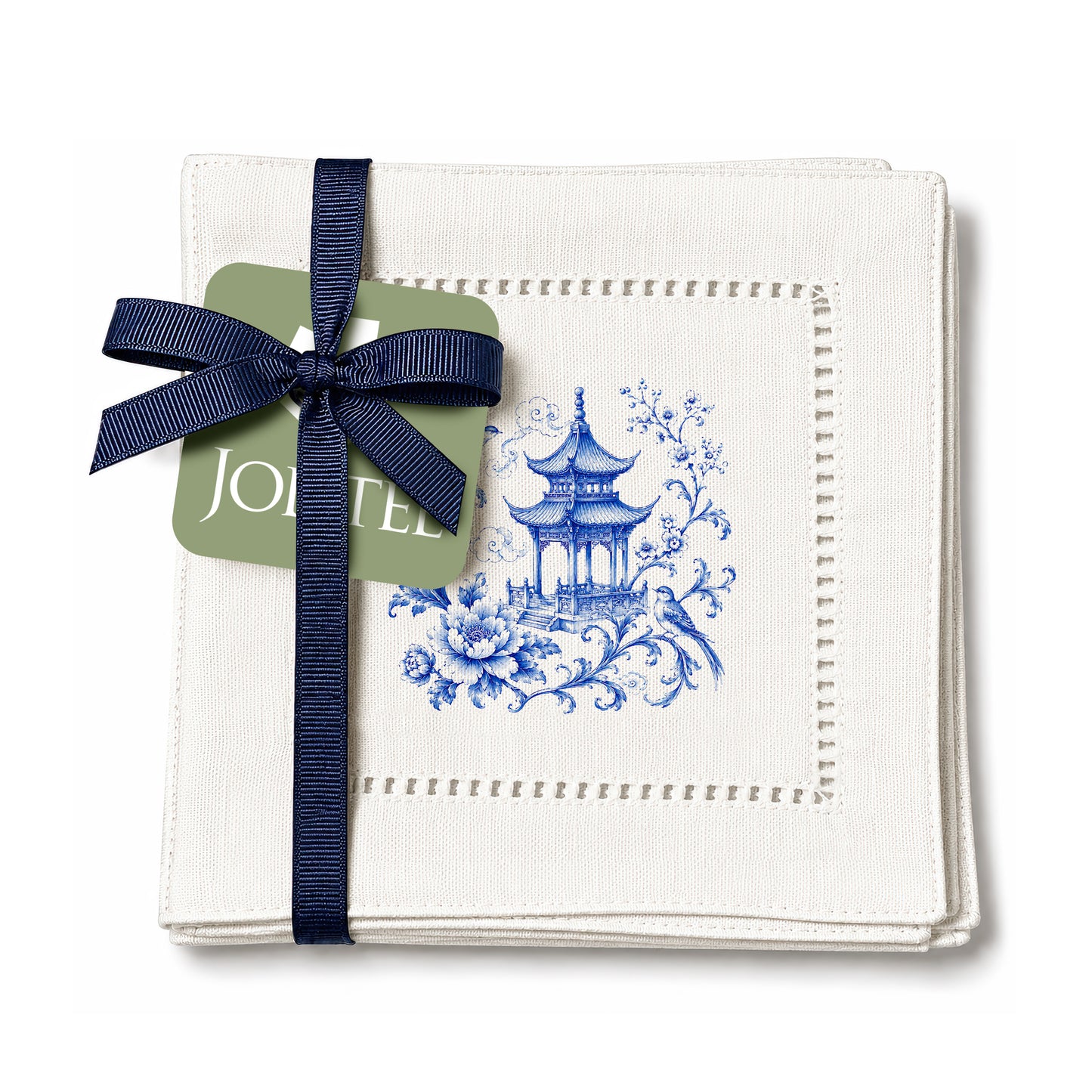 Chinoiserie Pagoda Birds Hemstitch Napkins