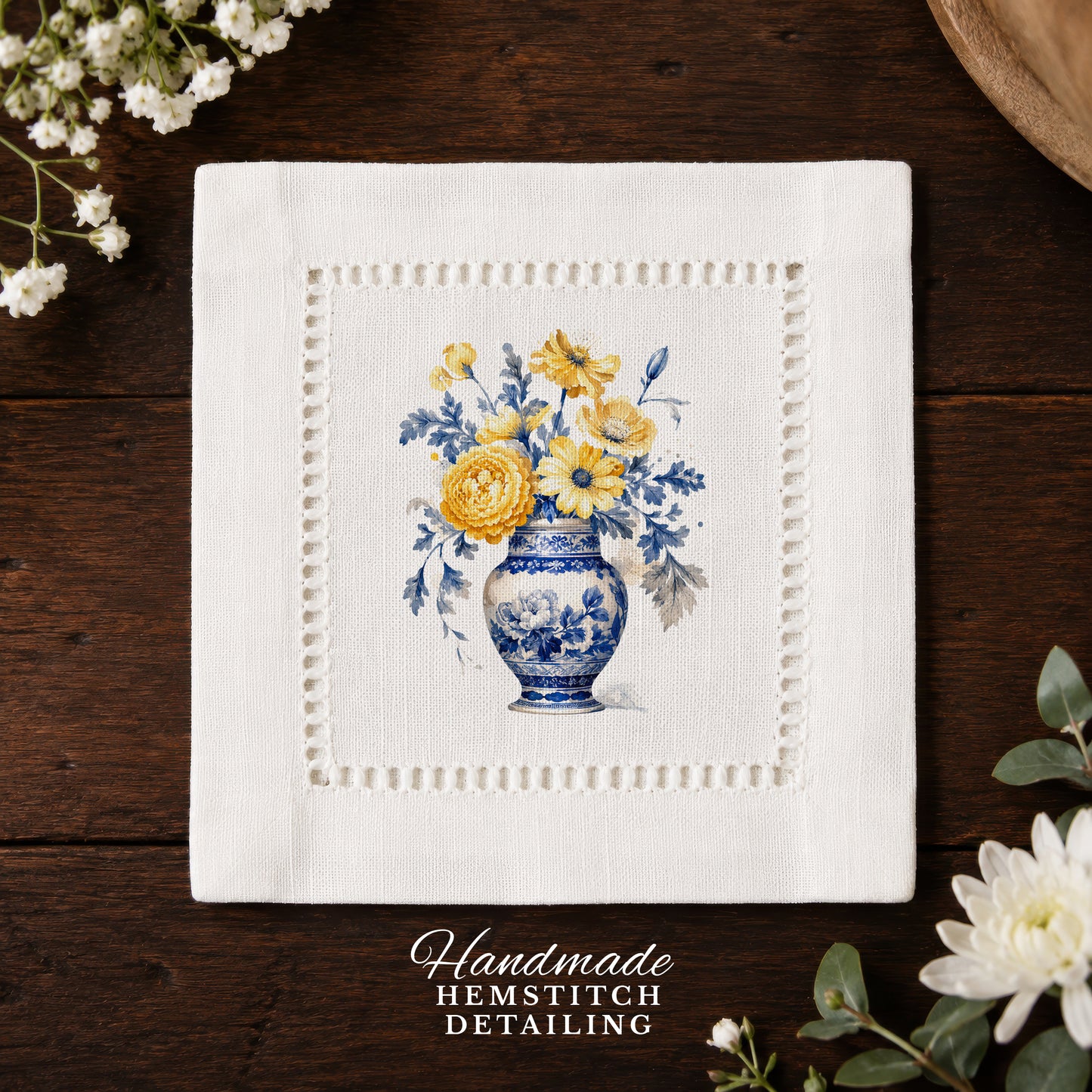 Chinoiserie Yellow Flowers Hemstitch Napkins