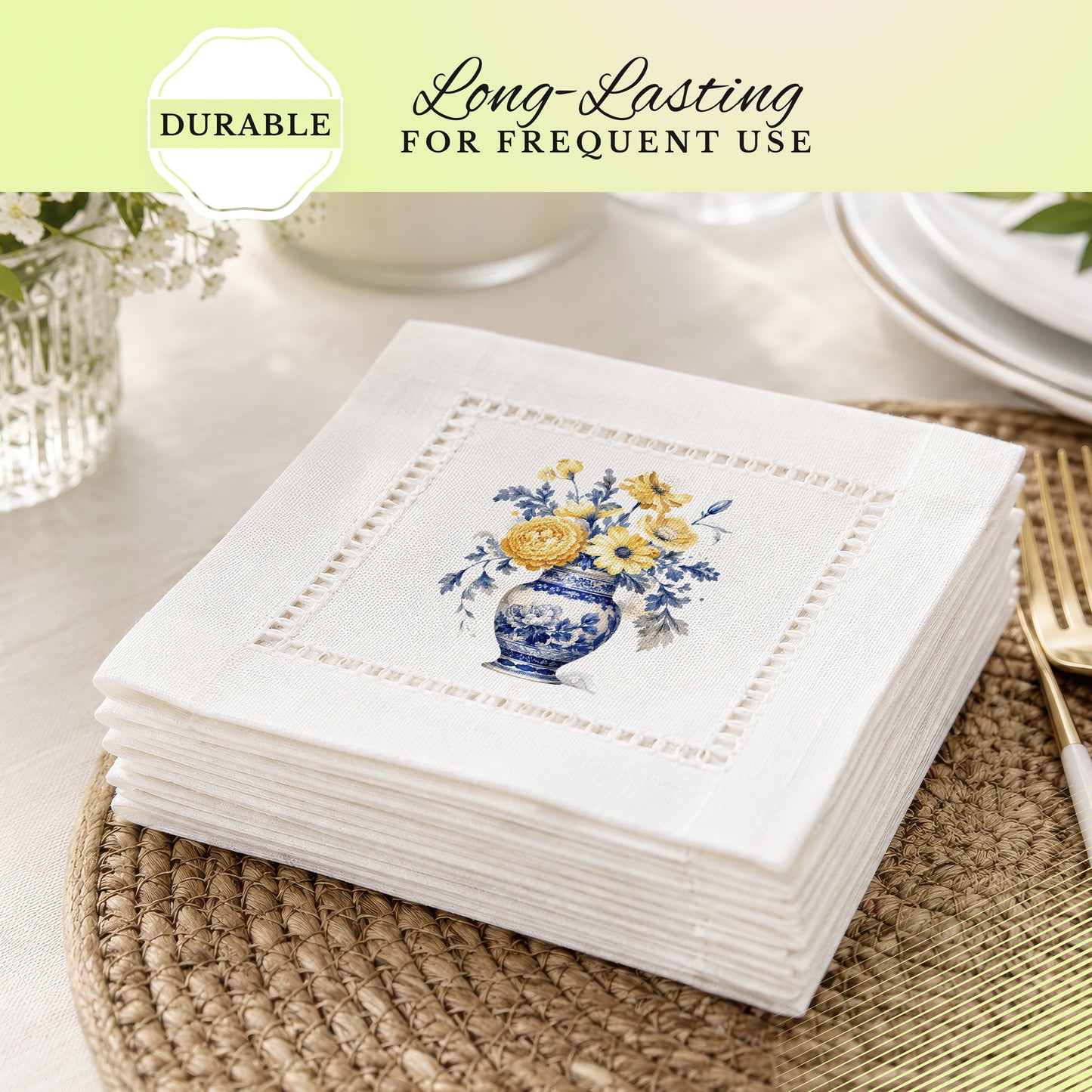 Chinoiserie Yellow Flowers Hemstitch Napkins