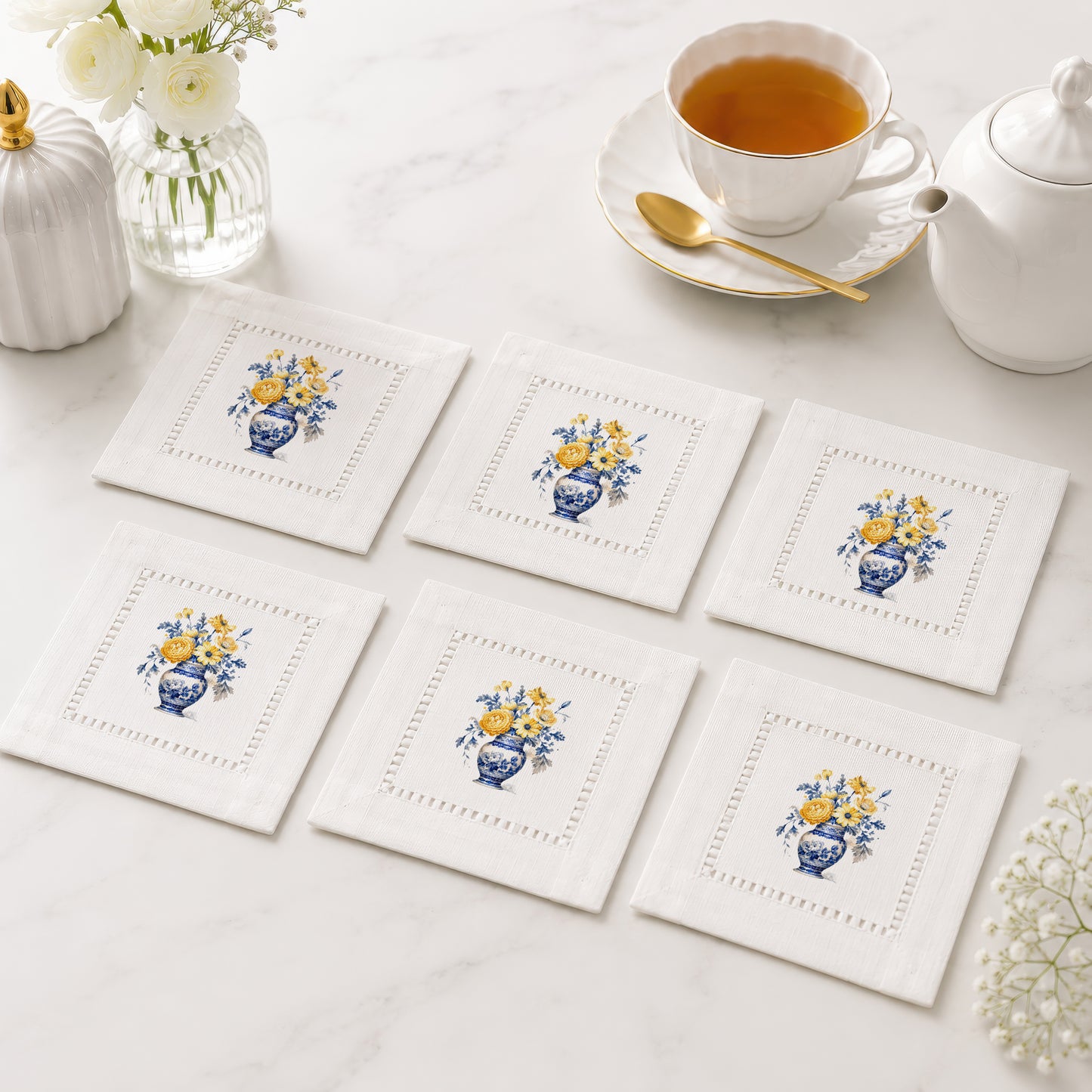 Chinoiserie Yellow Flowers Hemstitch Napkins
