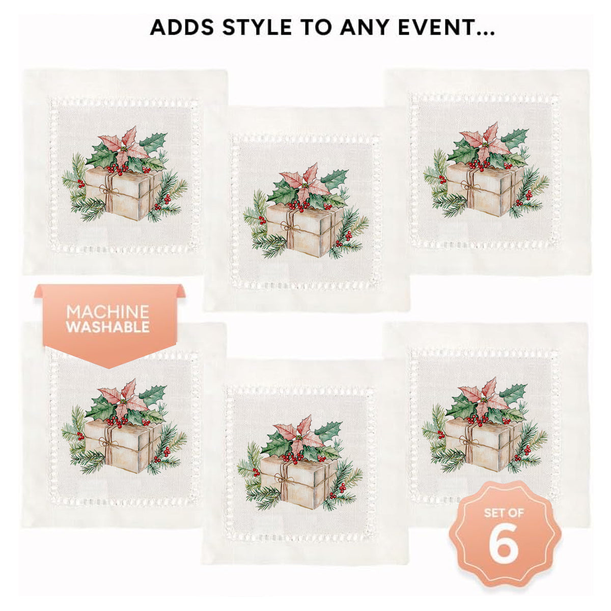 Christmas Gift Box Hemstitch Napkins