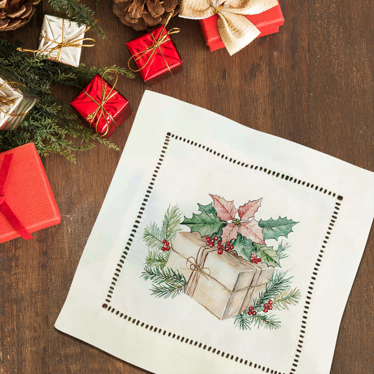 Christmas Gift Box Hemstitch Napkins