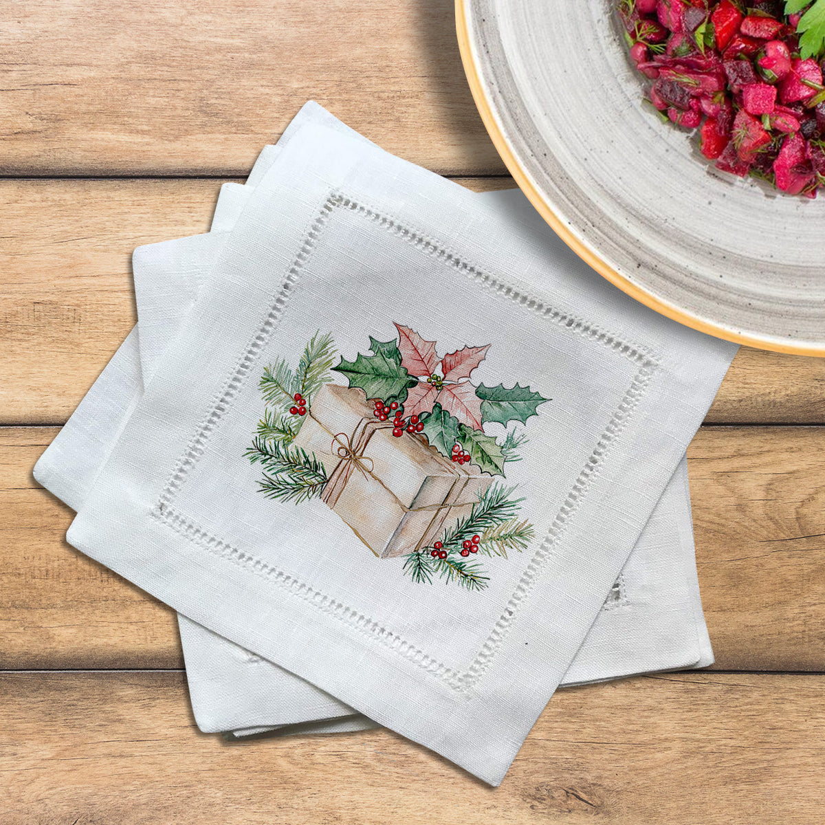 Christmas Gift Box Hemstitch Napkins