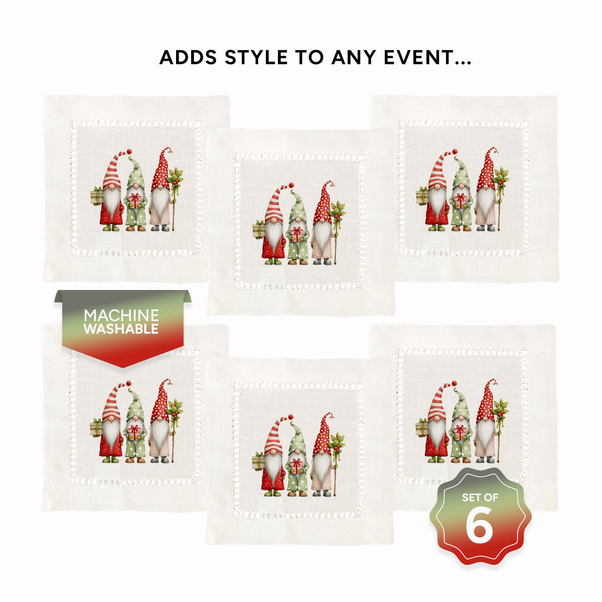 Christmas Gnomes Hemstitch Napkins