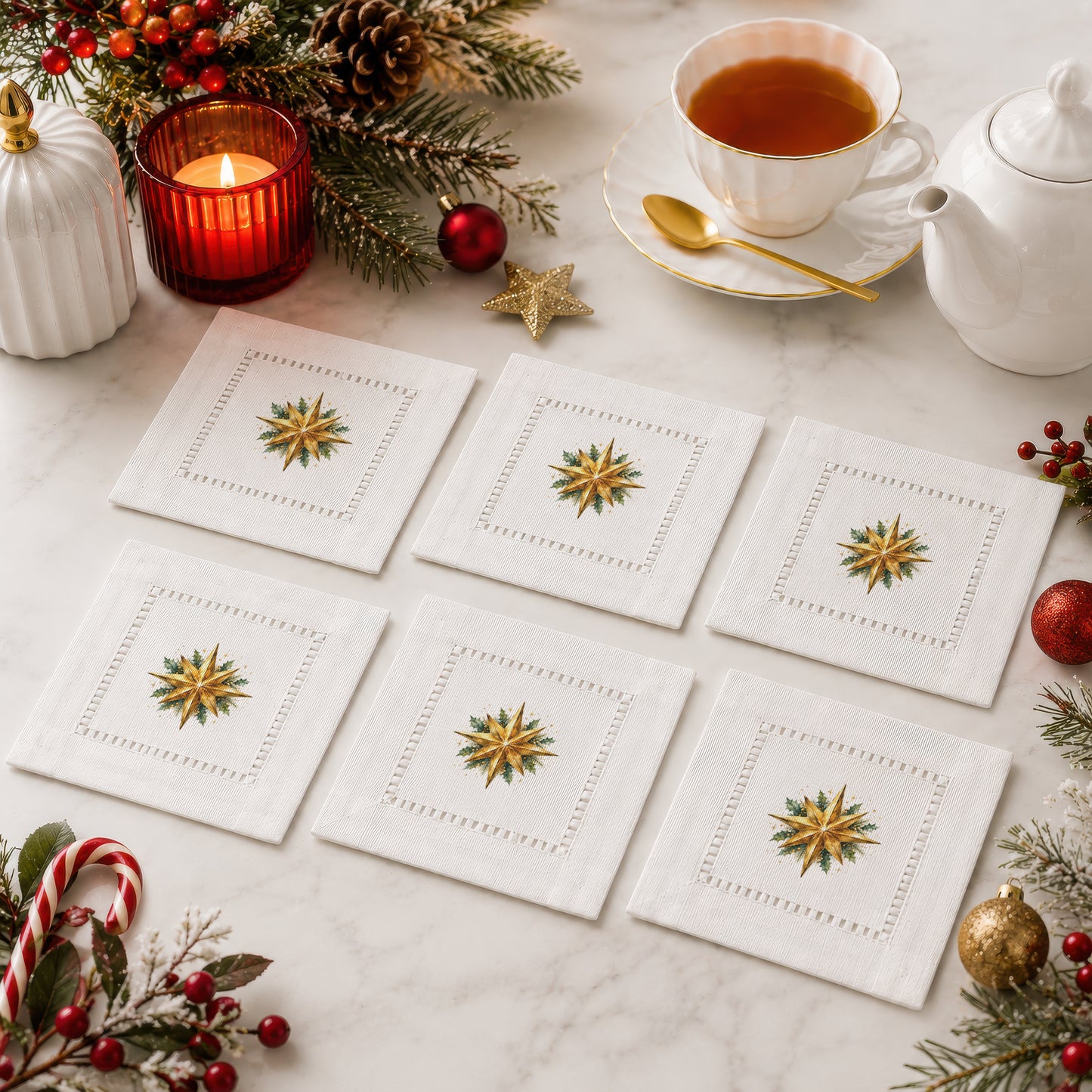 Holiday Hostess Christmas Star Hemstitch Napkins