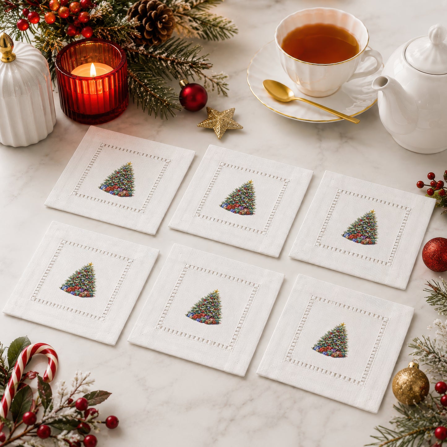Holiday Hostess Christmas Tree Hemstitch Napkins