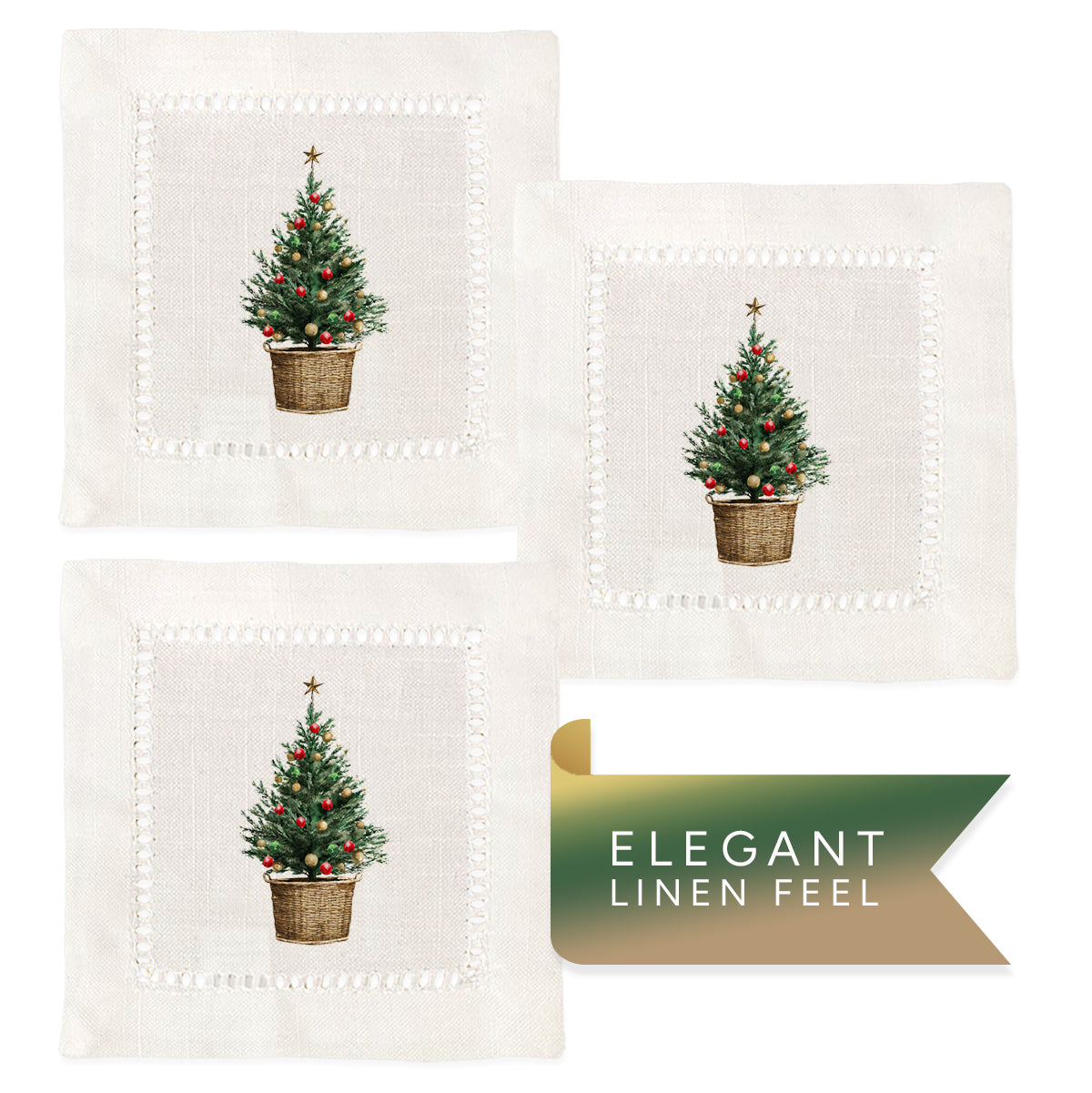 Christmas Tree Pot Hemstitch Napkins