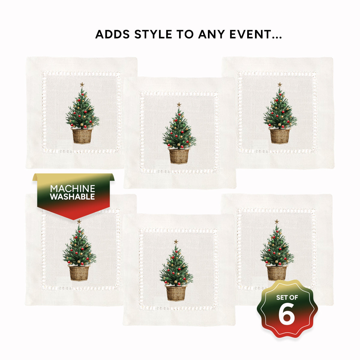 Christmas Tree Pot Hemstitch Napkins