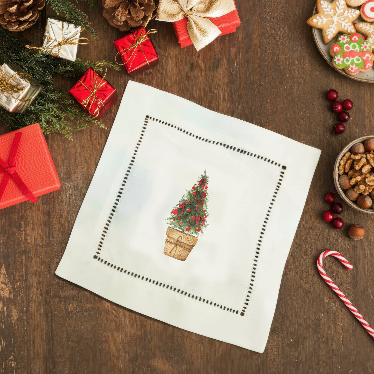 Christmas Tree Reds Hemstitch Napkins