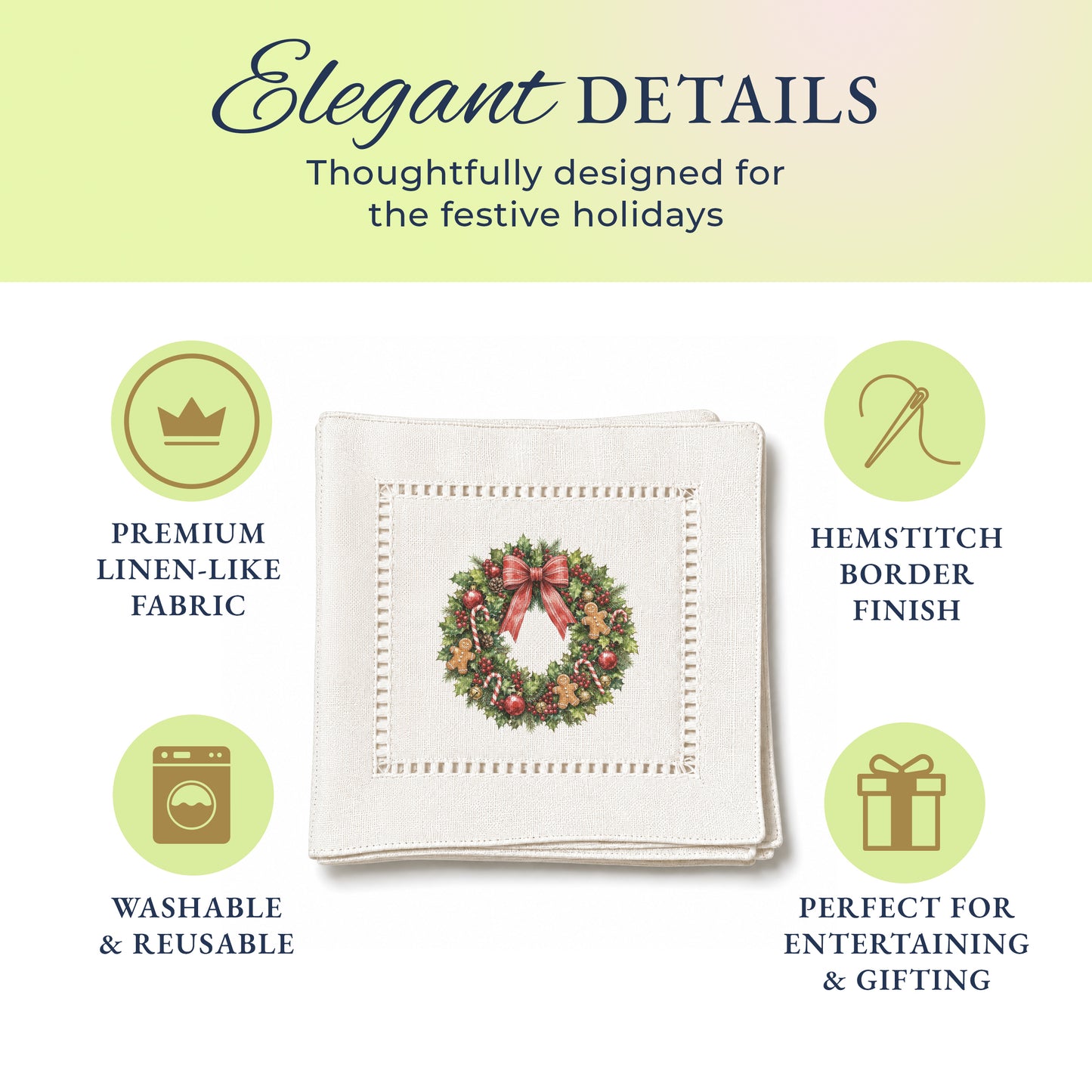 Holiday Hostess Christmas Wreath Hemstitch Napkins