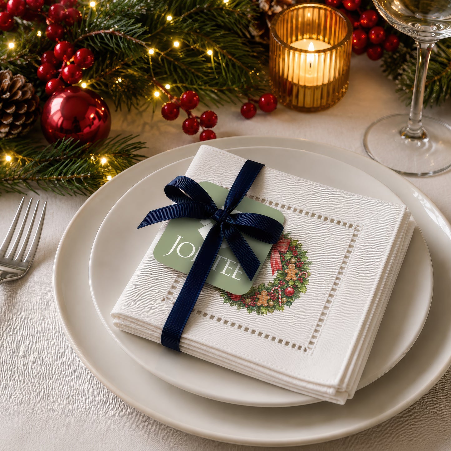Holiday Hostess Christmas Wreath Hemstitch Napkins