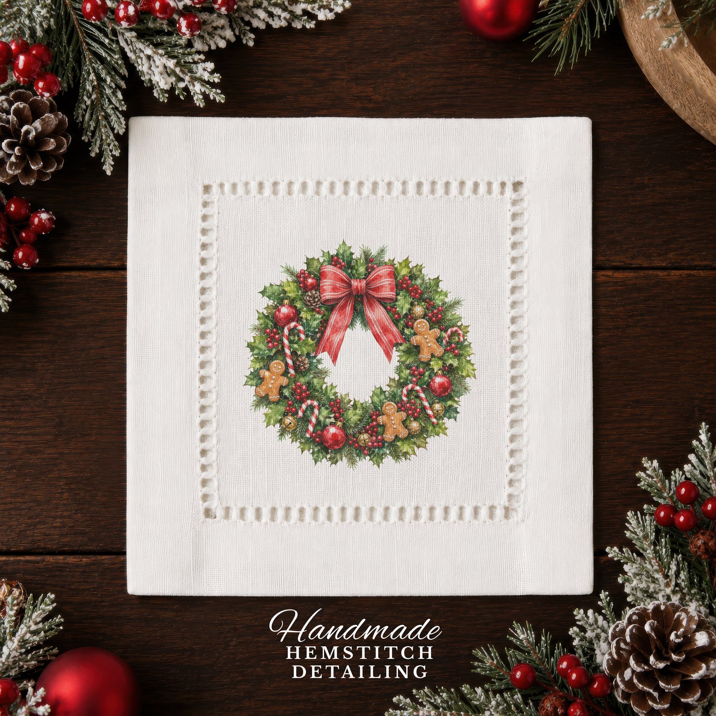 Holiday Hostess Christmas Wreath Hemstitch Napkins