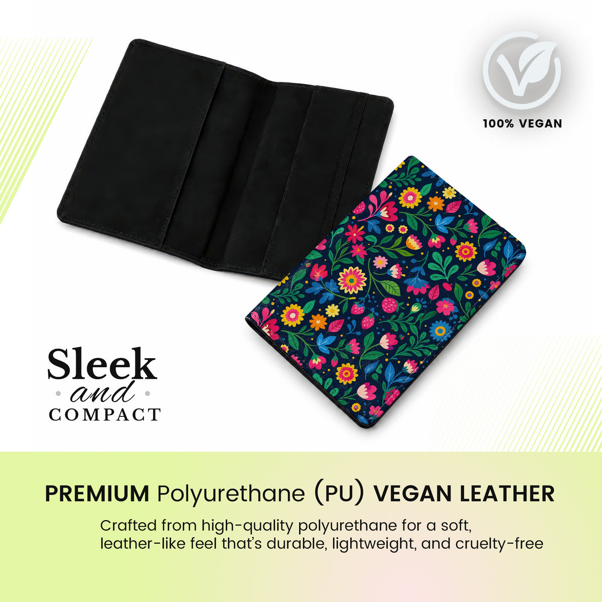 Jolitee Passport Holder, PU Vegan Leather, Colorful Wildflower, Black Back