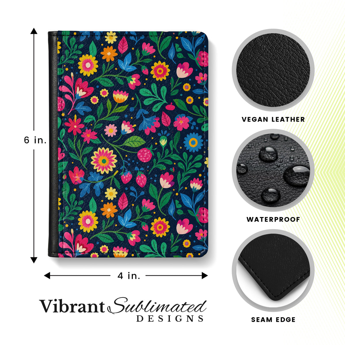 Jolitee Passport Holder, PU Vegan Leather, Colorful Wildflower, Black Back