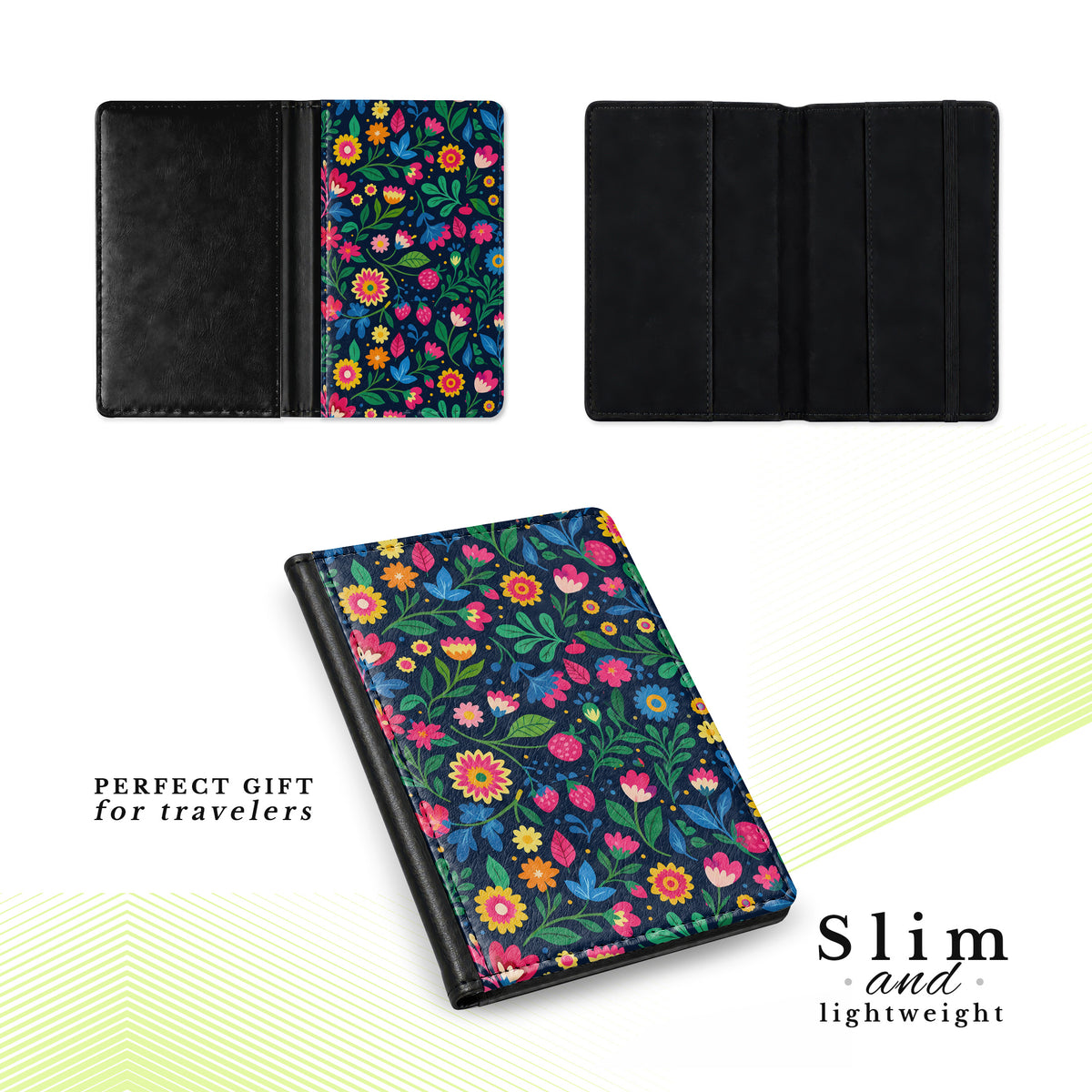 Jolitee Passport Holder, PU Vegan Leather, Colorful Wildflower, Black Back