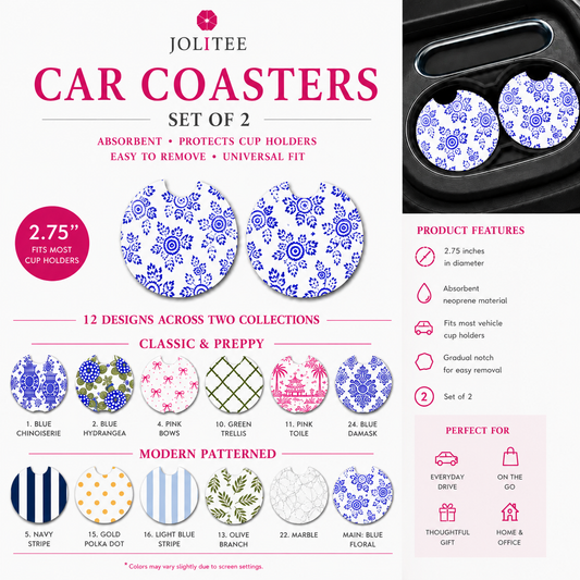 Jolitee Classic & Preppy Patterned Car Coasters, Absorbent Neoprene Cup Holder Inserts, Set of 2