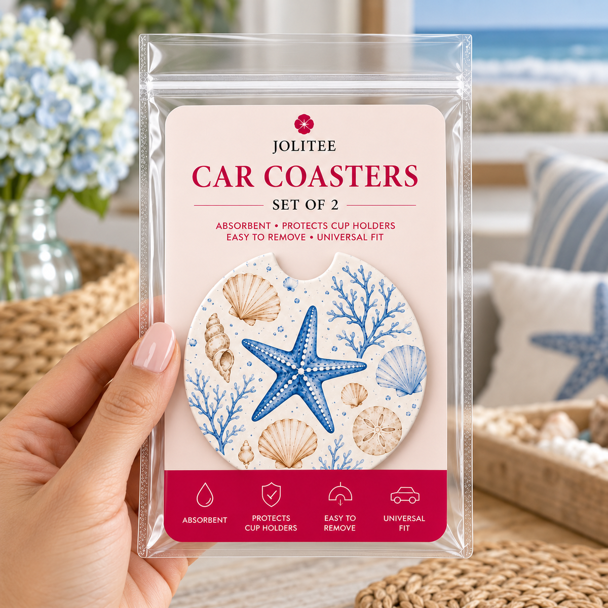 Jolitee Coastal Car Coasters, Absorbent Neoprene Cup Holder