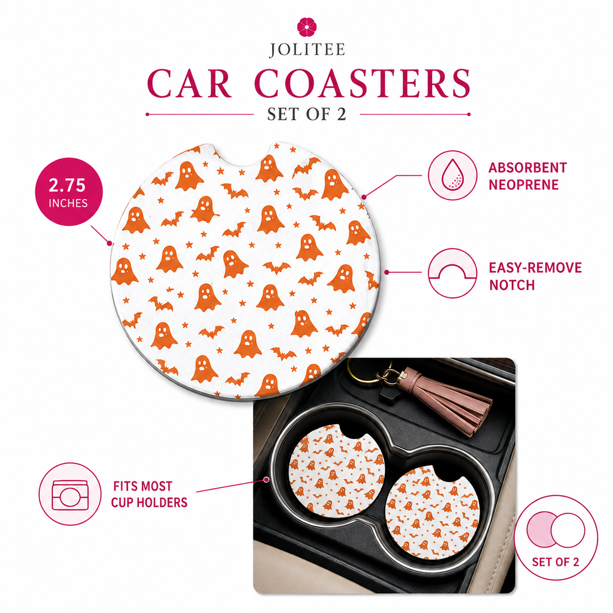 Jolitee Halloween Car Coasters, Absorbent Neoprene Cup Holder