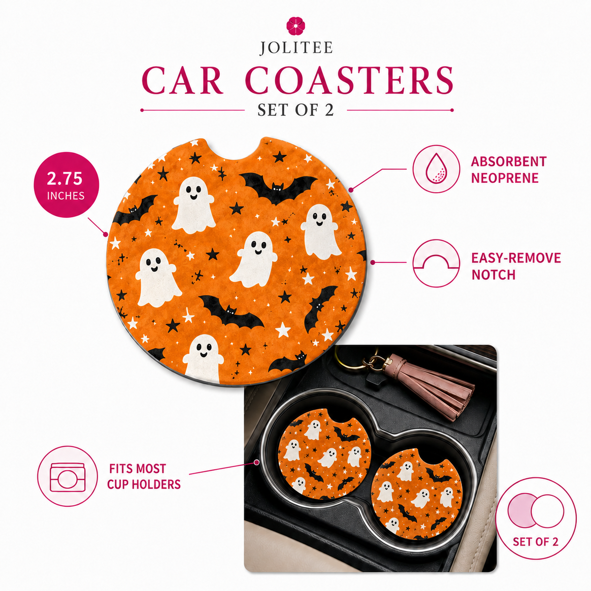 Jolitee Halloween Car Coasters, Absorbent Neoprene Cup Holder