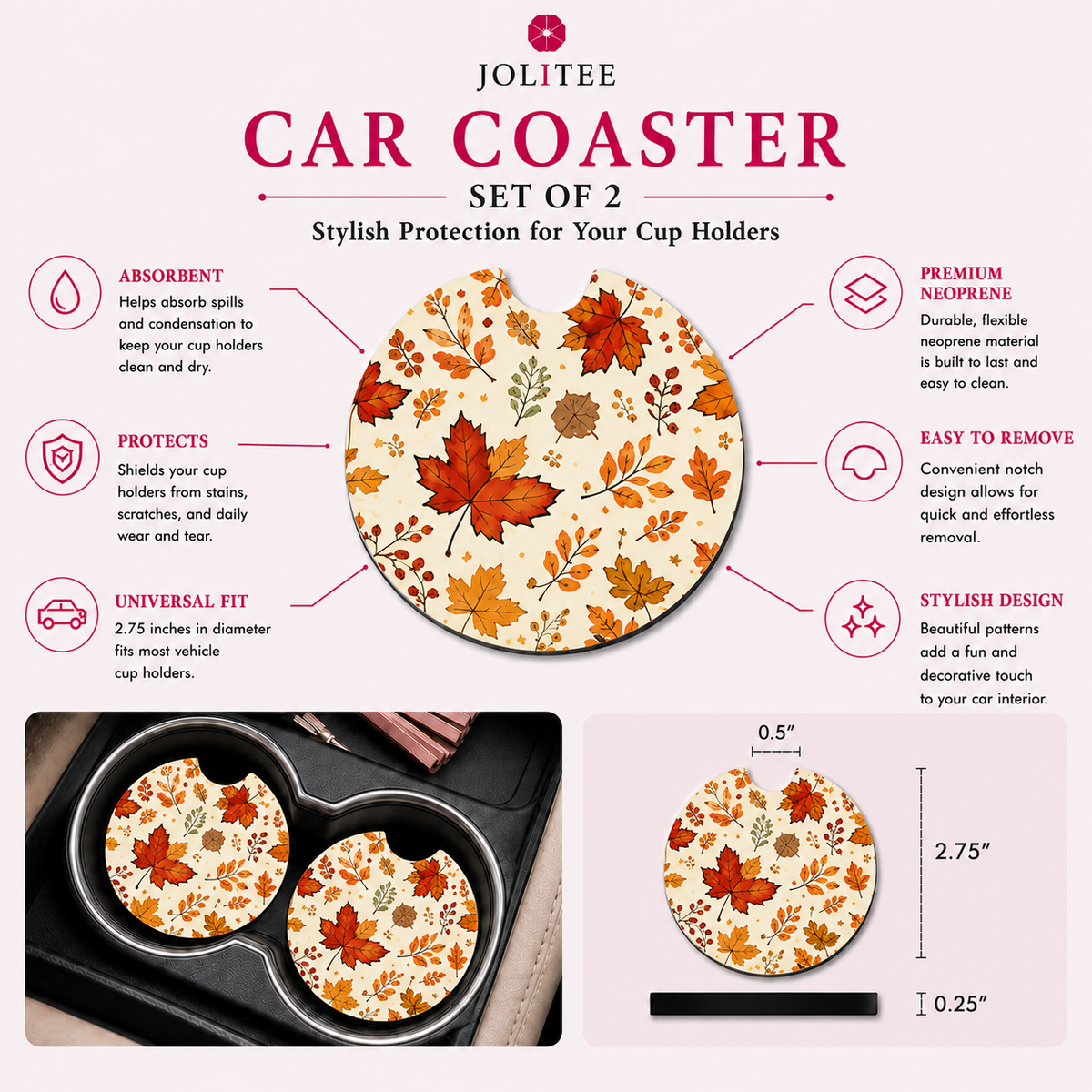 Jolitee Fall Car Coasters, Absorbent Neoprene Cup Holder