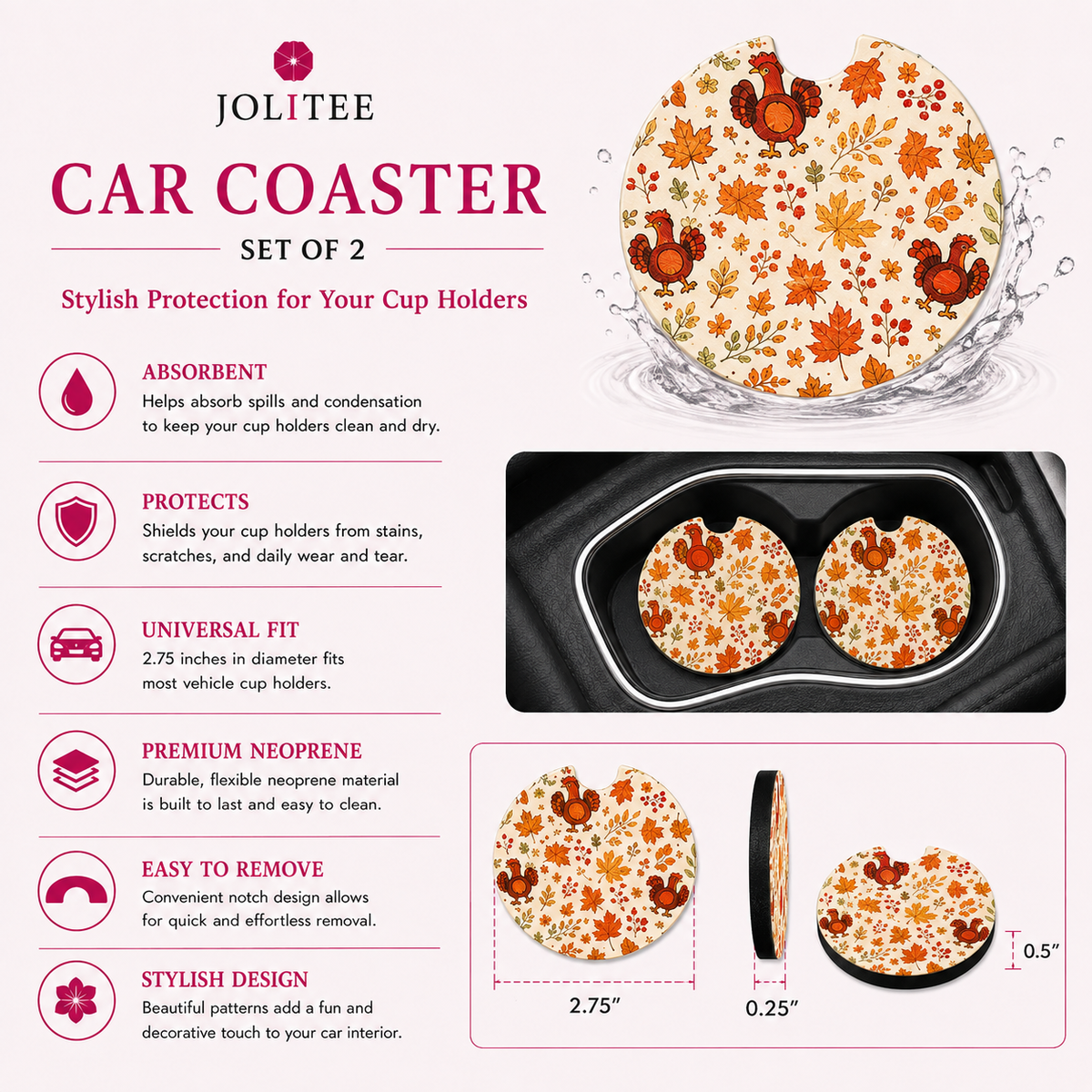 Jolitee Fall Car Coasters, Absorbent Neoprene Cup Holder