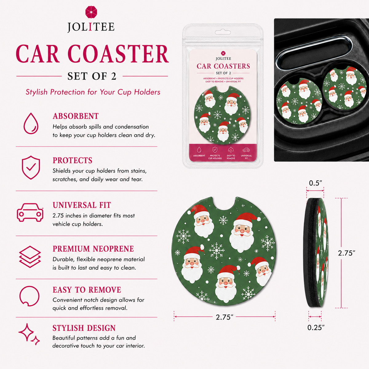 Jolitee Christmas Car Coasters, Absorbent Neoprene Cup Holder