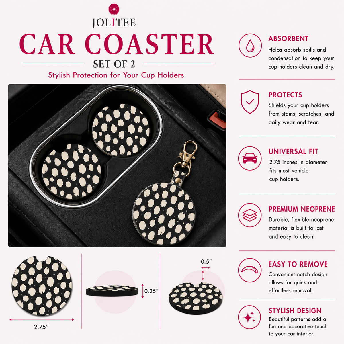 Jolitee Edgy Car Coasters, Absorbent Neoprene Cup Holder