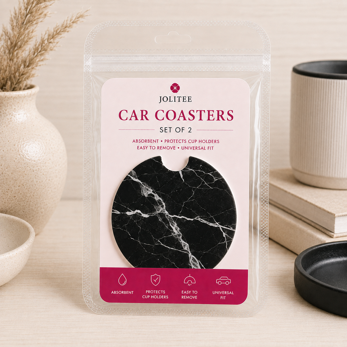 Jolitee Edgy Car Coasters, Absorbent Neoprene Cup Holder