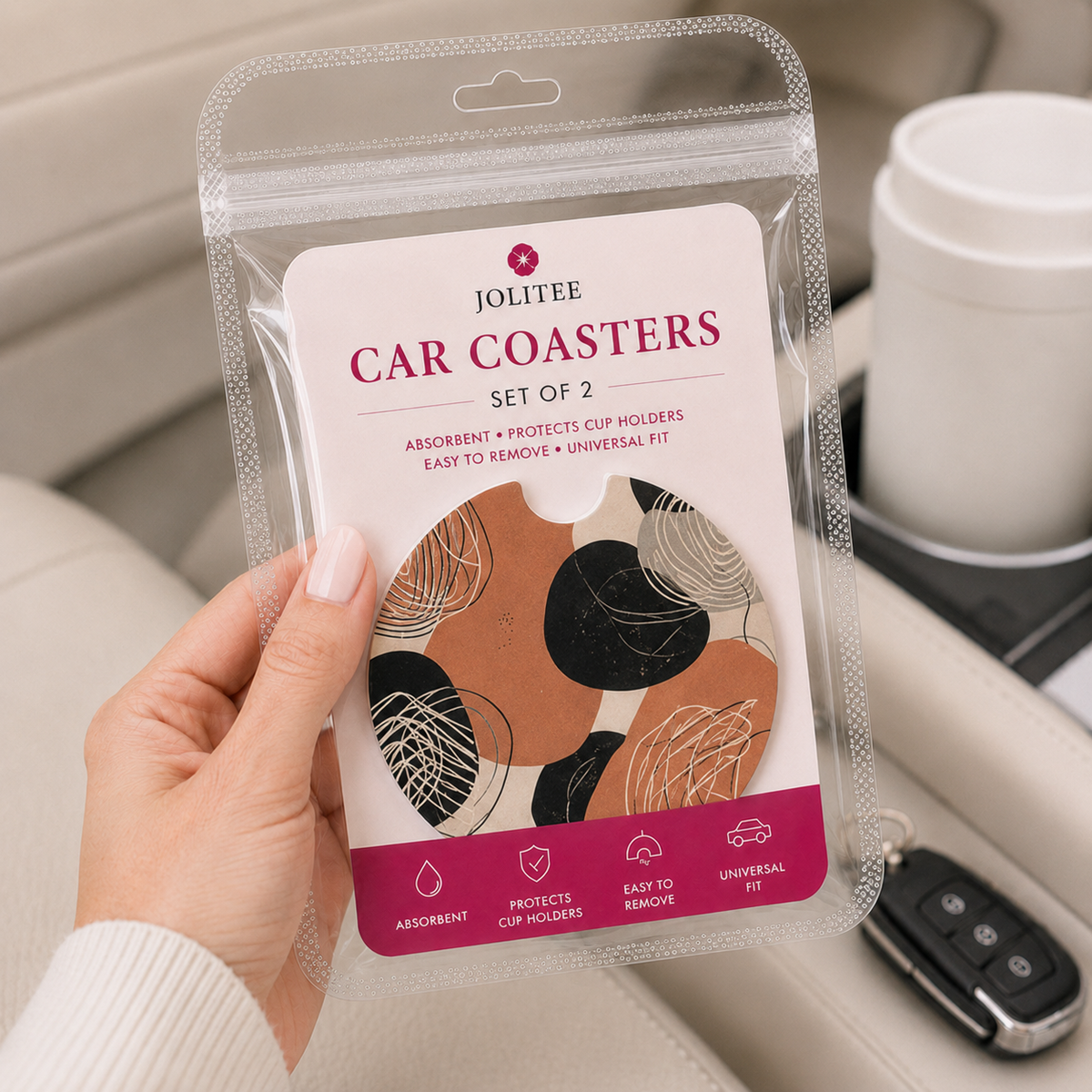 Jolitee Edgy Car Coasters, Absorbent Neoprene Cup Holder