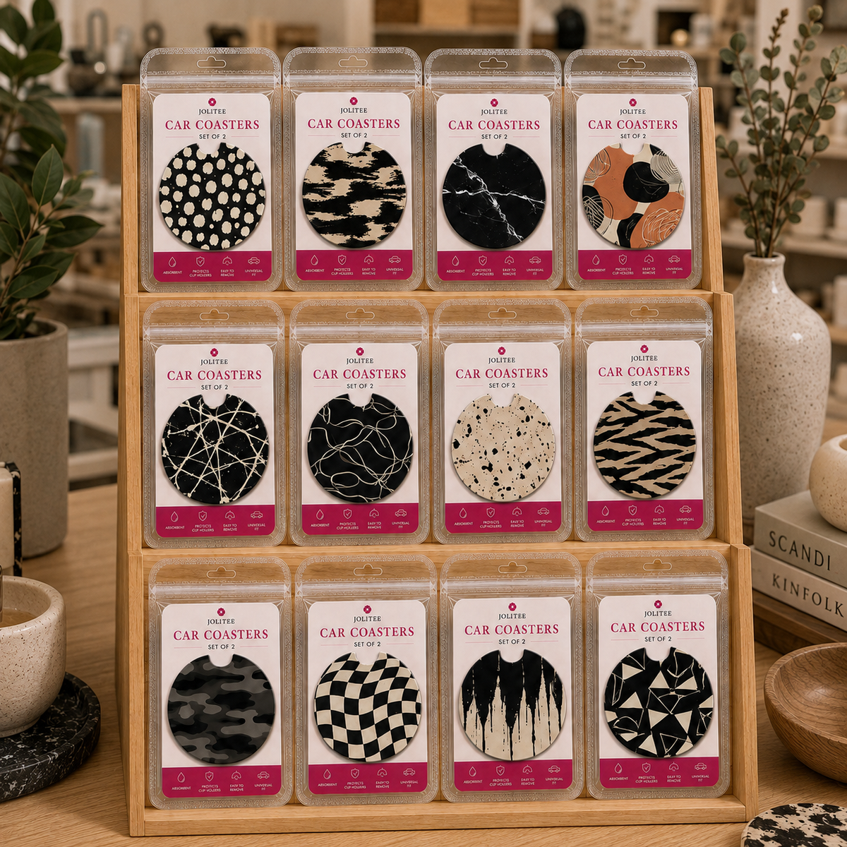 Jolitee Edgy Car Coasters, Absorbent Neoprene Cup Holder