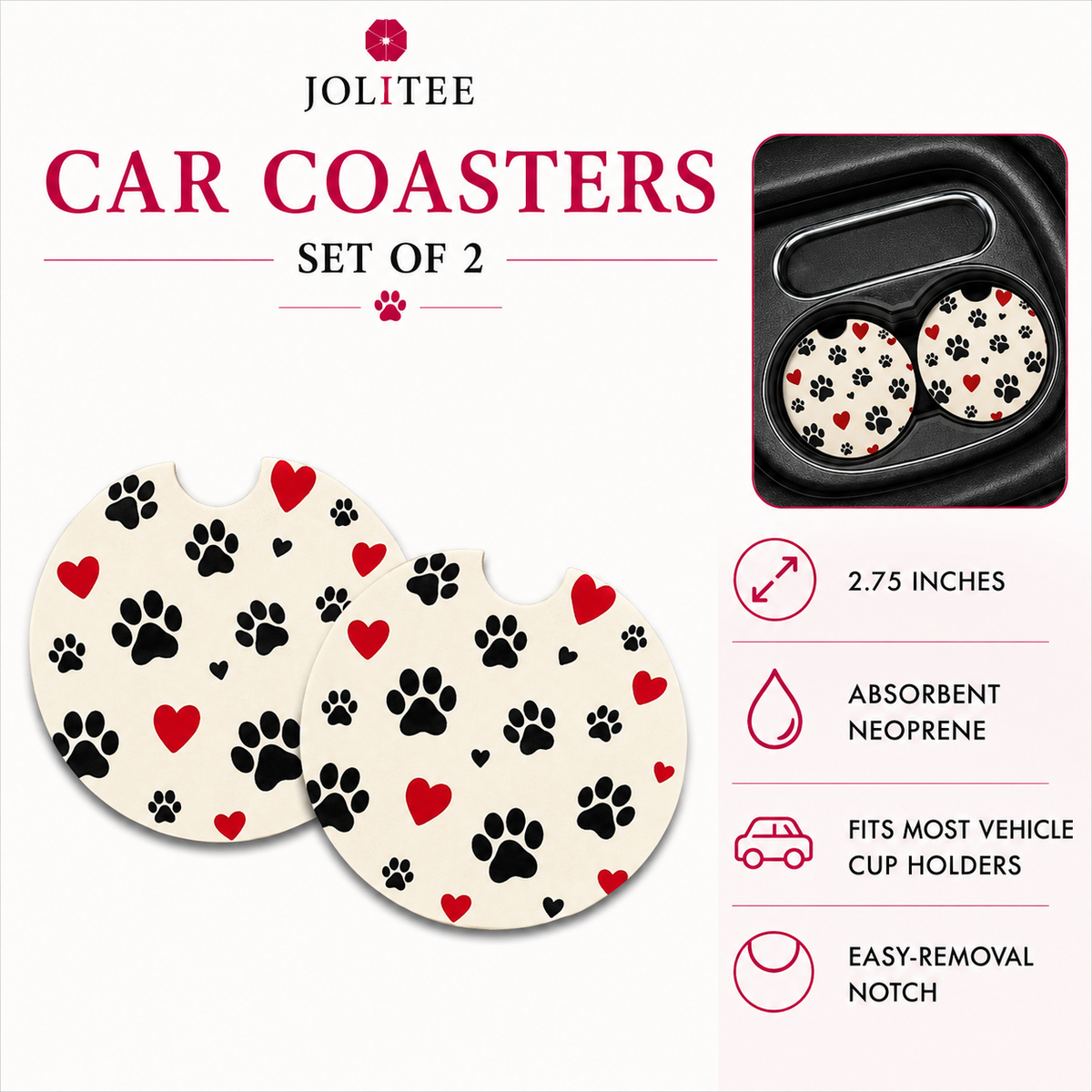 Jolitee Dog Lovers Car Coasters, Absorbent Neoprene Cup Holder