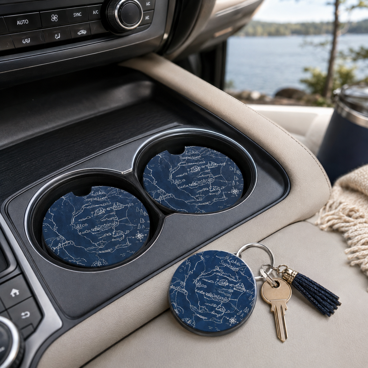Jolitee Lakehouse Car Coasters, Absorbent Neoprene Cup Holder