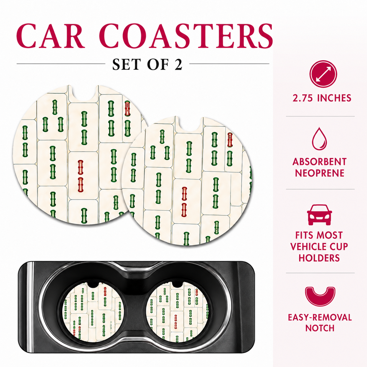 Jolitee Mahjong Car Coasters, Absorbent Neoprene Cup Holder