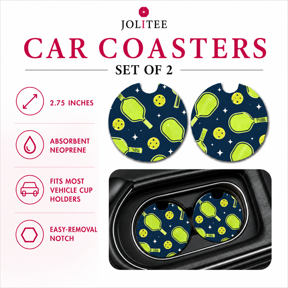 Jolitee Playful Pickleball Car Coasters, Absorbent Neoprene Cup Holder Inserts, Set of 2