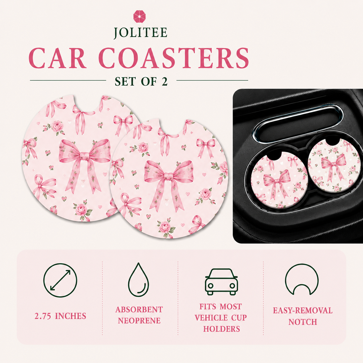 Jolitee Girly Girl Car Coasters, Absorbent Neoprene Cup Holder