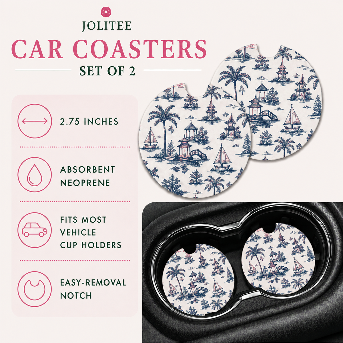 Jolitee Preppy Car Coasters, Absorbent Neoprene Cup Holder