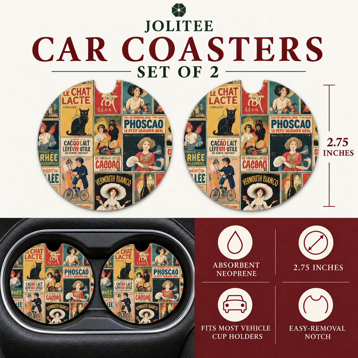 Jolitee Vintage Ad Art Car Coasters, Absorbent Neoprene Cup Holder