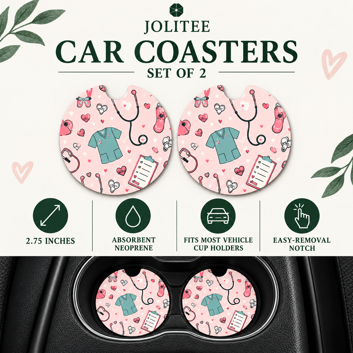 Jolitee Nurse Car Coasters, Absorbent Neoprene Cup Holder