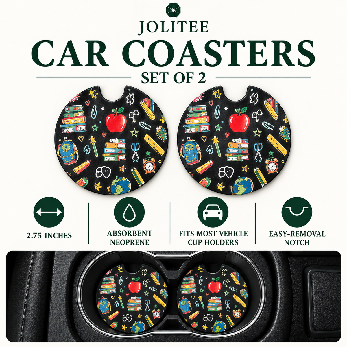 Jolitee Teacher Car Coasters, Absorbent Neoprene Cup Holder